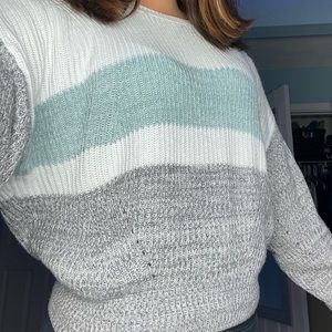 white with blue and gray stripes sweater!